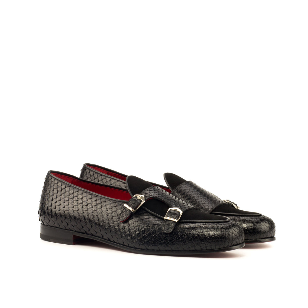 Monk Slipper - Black Suede, Black Painted Calf and Black Exotic Python