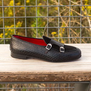 Monk Slipper - Black Suede, Black Painted Calf and Black Exotic Python
