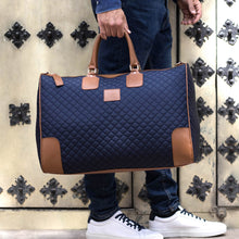 Load image into Gallery viewer, Weekender Bag - Quilted Blue &amp; Med Brown Leather